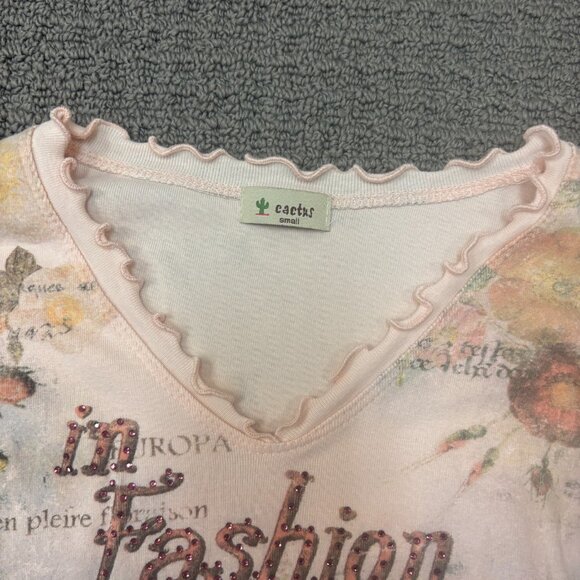 Vintage Cactus Baby Tee Shirt Small Cotton Lettuce Hem V Neck 3/4 Sleeves Y2K - Picture 9 of 11